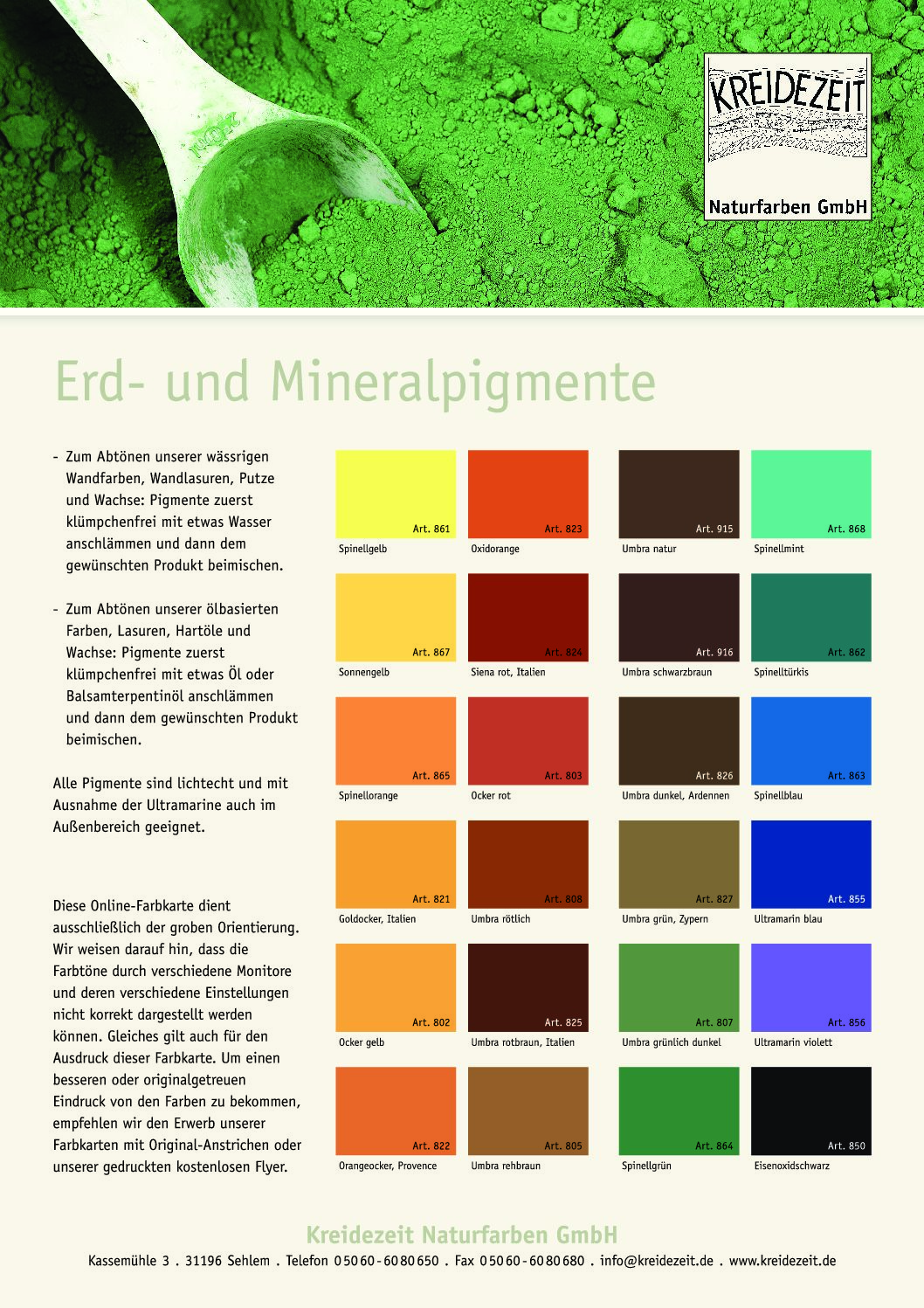 Farbkarte Erd-Mineral Pigmente - Klicken zum Download als PDF